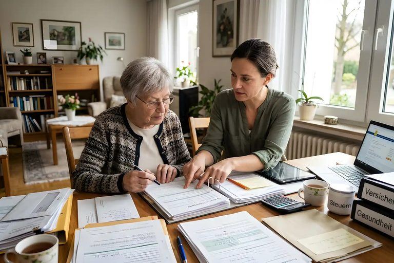 Eine Betreuerin sortiert gemeinsam mit einer älteren Dame am Esstisch Unterlagen und Formulare.
