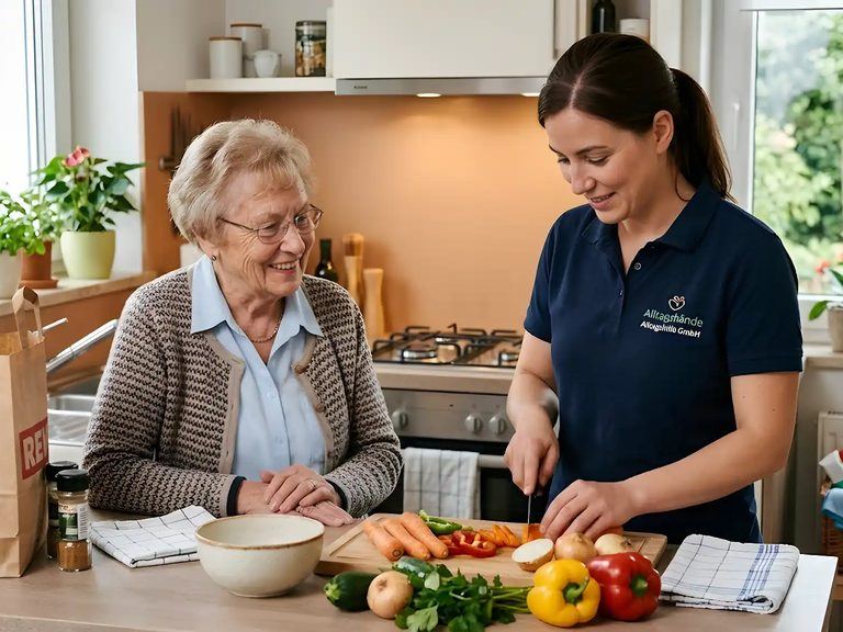 Eine Mitarbeiterin von Alltagshände schneidet gemeinsam mit einer älteren Dame in der Küche Gemüse.